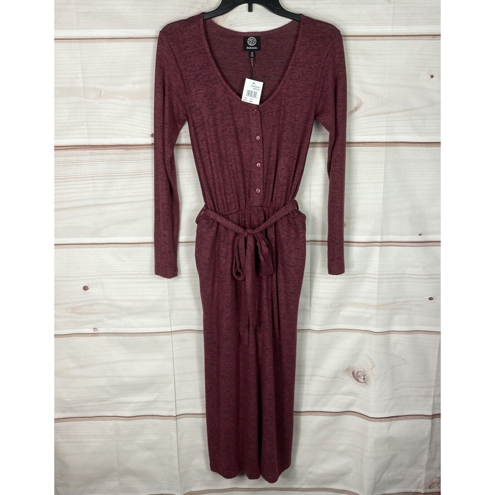 Bobeau Jumpsuit Womens XS Maroon Button Up Wide Leg Long Sleeve Soft Knit Capri